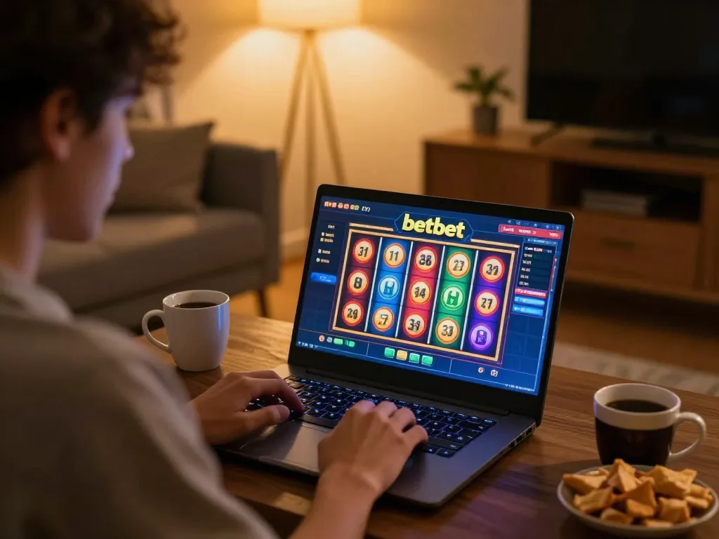 Engaging gaming experience on a laptop at home showcasing betbet interface with colorful slot reels.