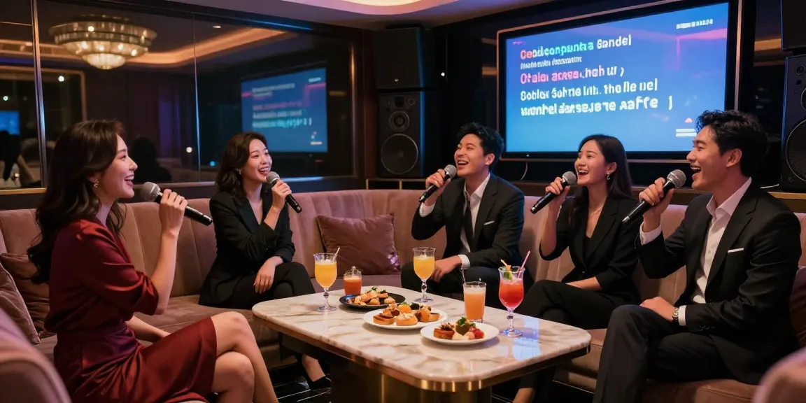 강남쩜오에서 고급스러운 카라오케 룸과 즐겁게 노래하는 손님들 모습