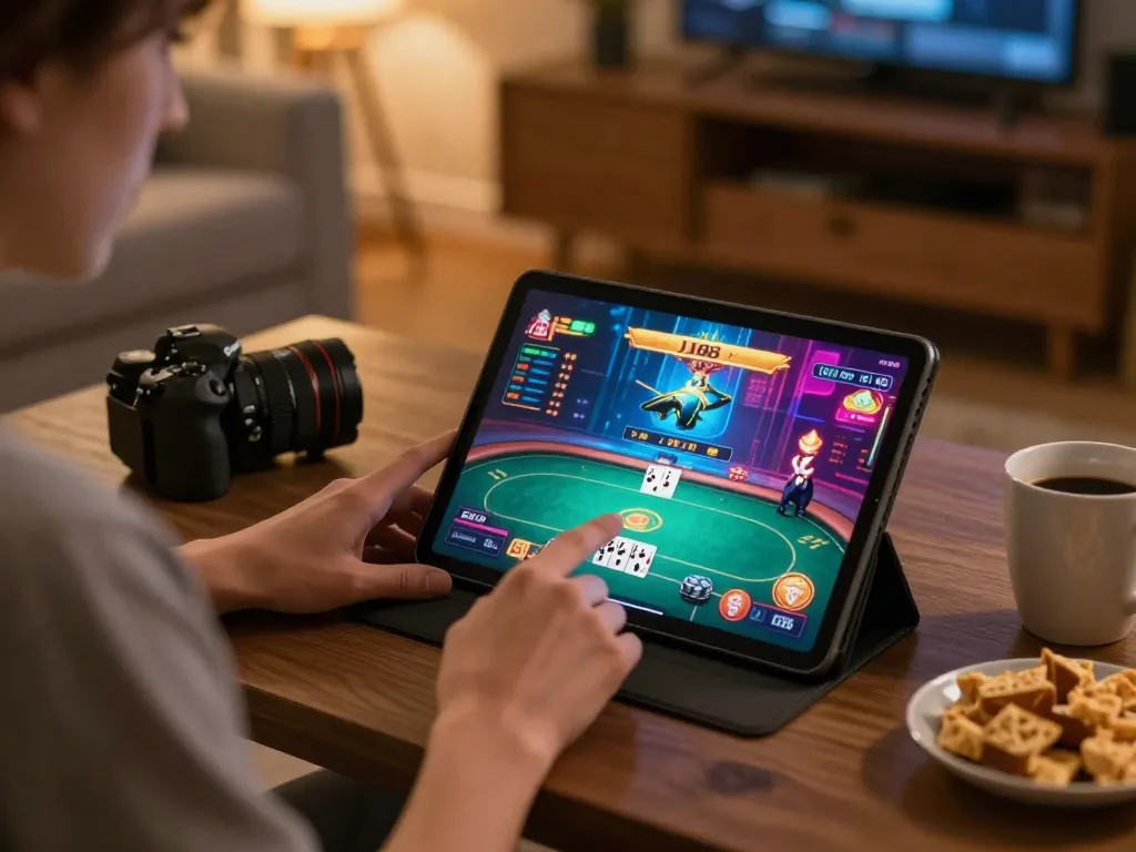 Engaging in an online poker game on J188 in a cozy home setting, showcasing vibrant game graphics.