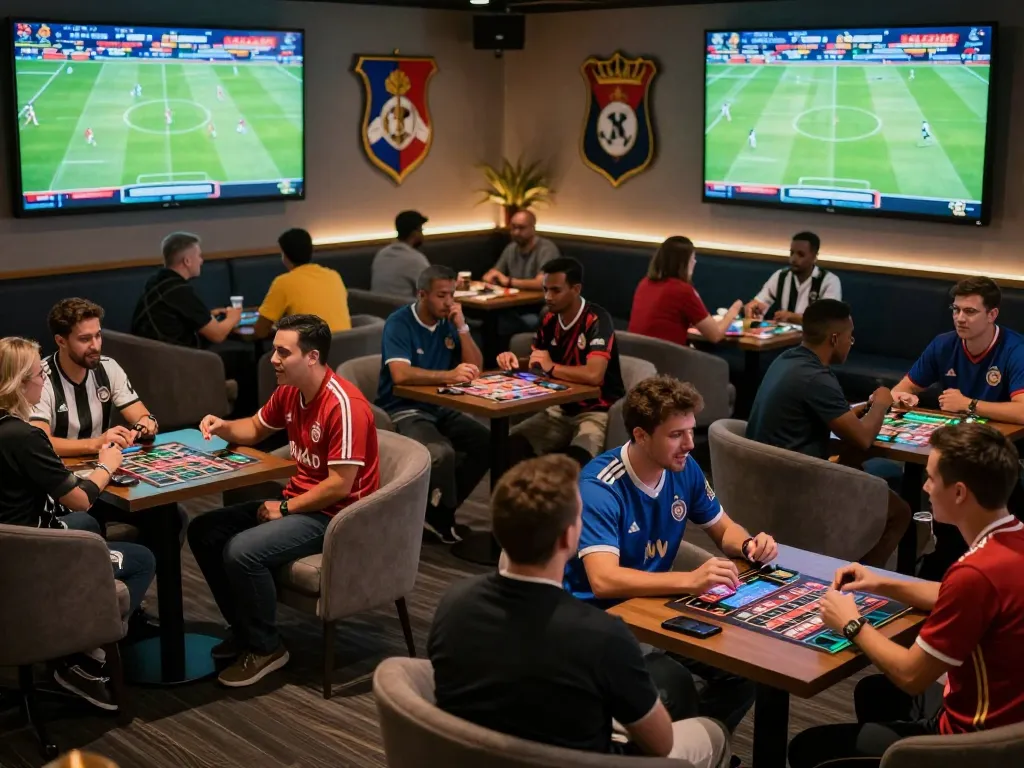 Cakhiatv patrons engaged in interactive football betting, vibrant lounge setting with multiple screens showing live matches.