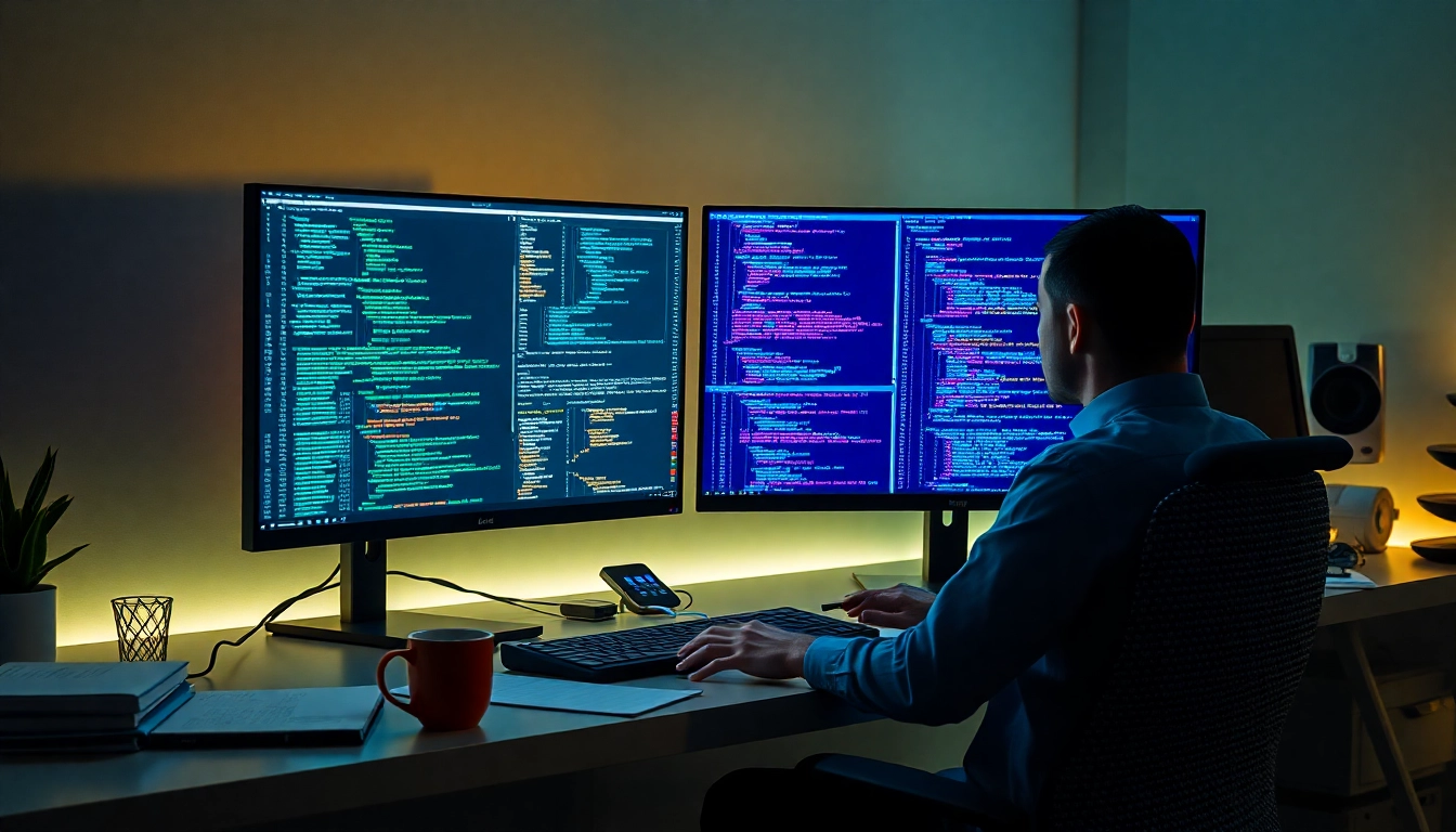 Software engineering workspace with a developer coding on dual monitors, showcasing innovative tech.