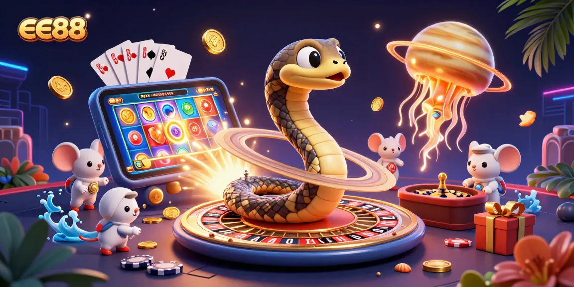 Experience the thrill of ee88 with a colorful cosmic casino scene featuring astronauts placing bets on a spinning roulette wheel.
