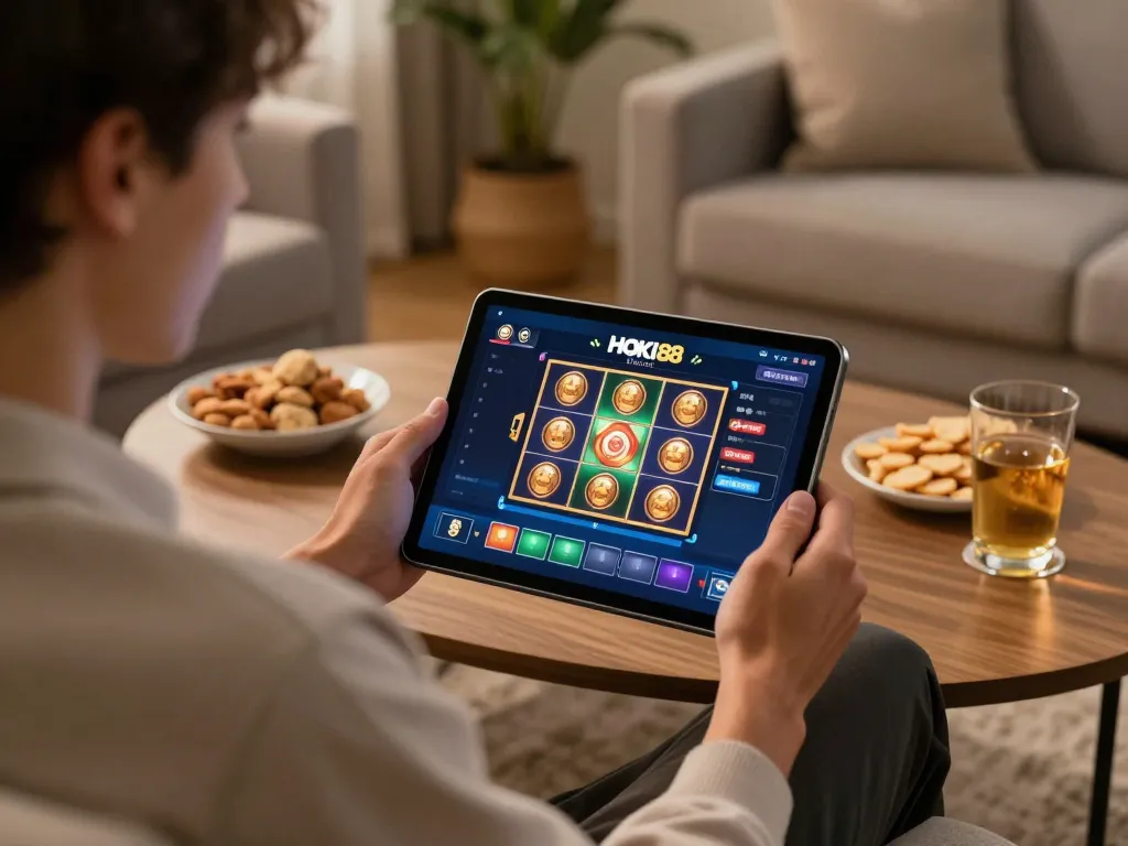 Permainan menarik di slot online HOKI88 dengan seorang pemain yang fokus di ruang tamu yang nyaman.