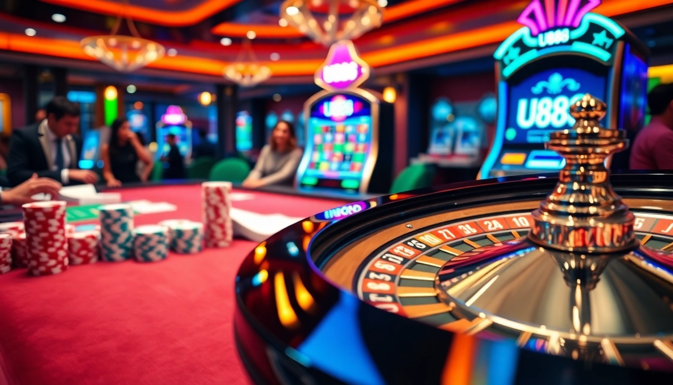 Experience the excitement of U888 with a vibrant casino scene featuring roulette and poker elements.