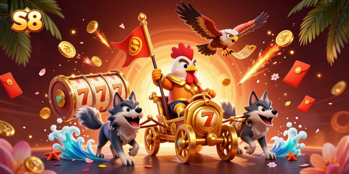 S8 illustrates a thrilling online casino experience with a rooster warlord and slot games in dynamic gameplay.