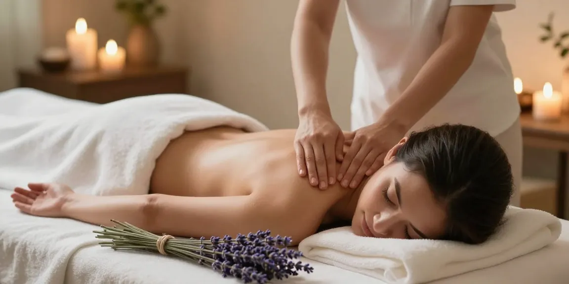 마사지로 편안하게 이완되고 있는 모습과 아로마 오일과 양초가 있는 고요한 스파 환경