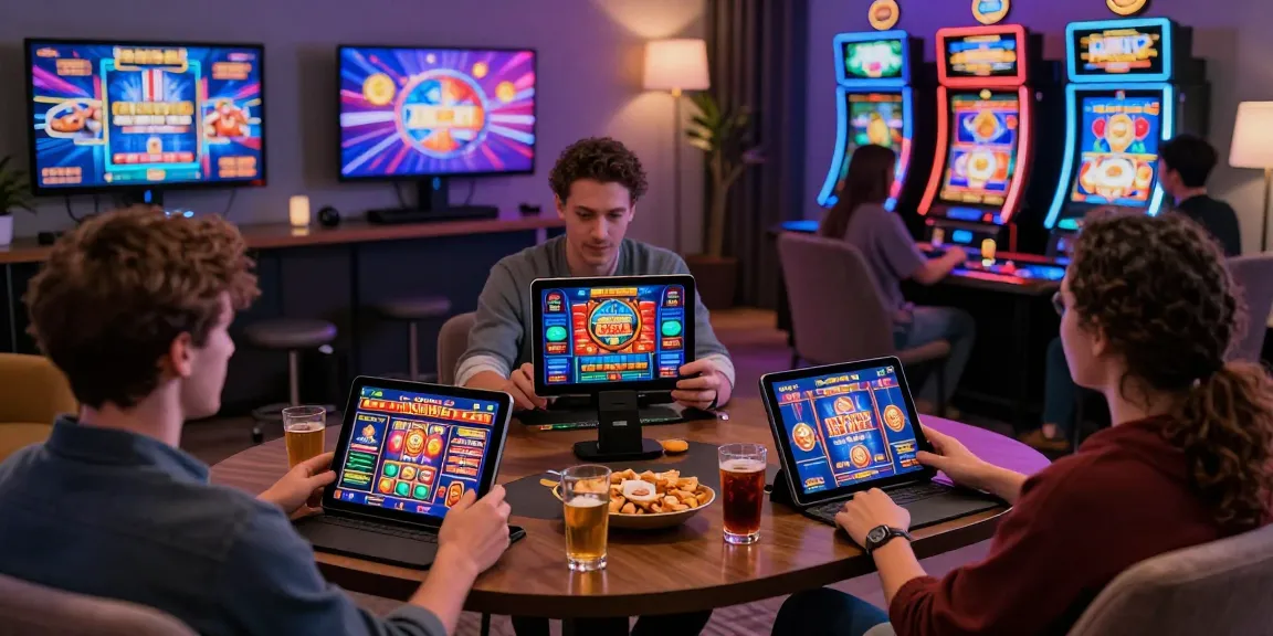 Players exploring non UK licensed casinos on devices in a cozy living room setting, showcasing engaging online gameplay and vibrant graphics.
