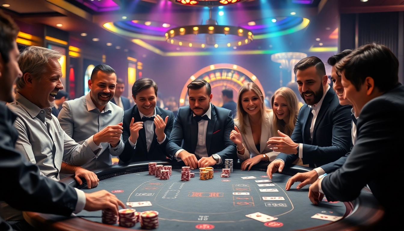 Players enjoying high-stakes poker at THABET casino, showcasing excitement and luxury.