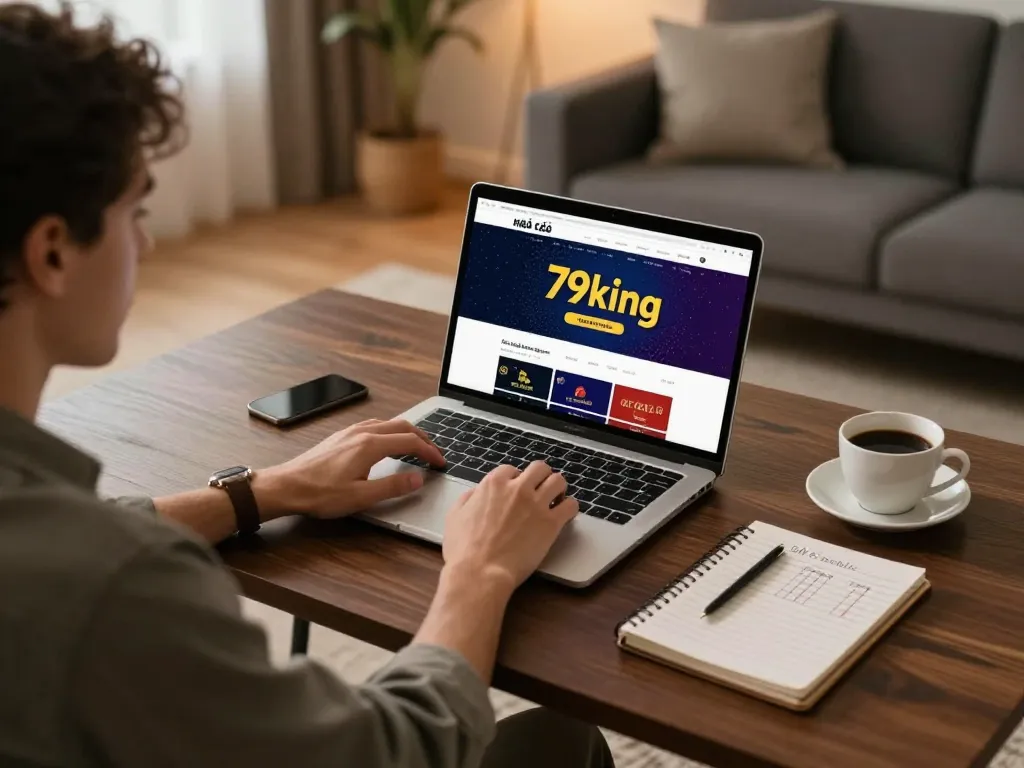 Player enjoying online gaming with Nhà cái 79king on a laptop at home.