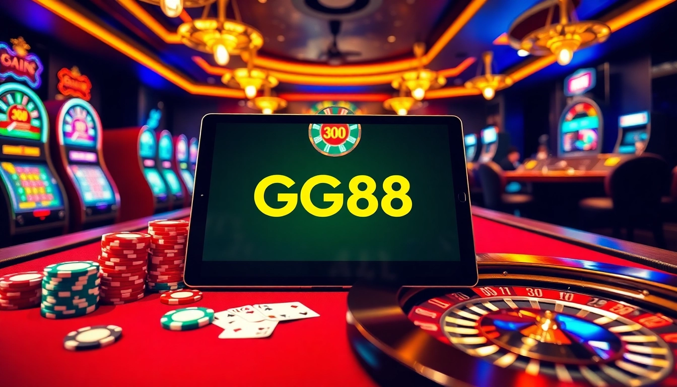 Exciting GG88 online gambling scene with vibrant poker chips, slot machines, and a roulette wheel.
