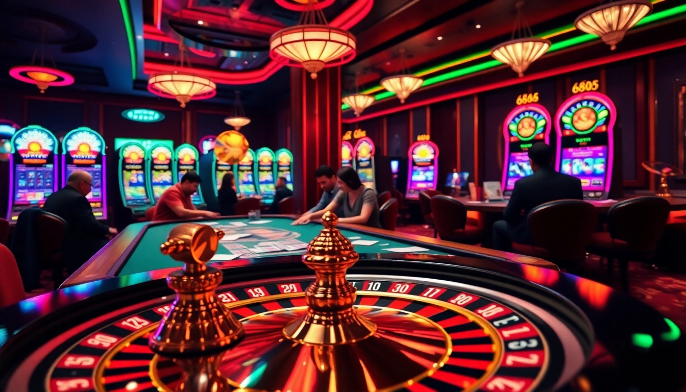 Casino players engaging in an intense game at a 688v poker table surrounded by vibrant slot machines.