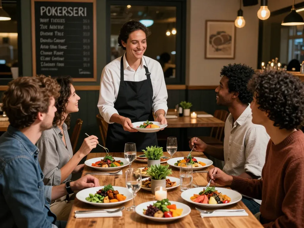 Engaging dining atmosphere at POKERSERI with patrons and vibrant dishes.