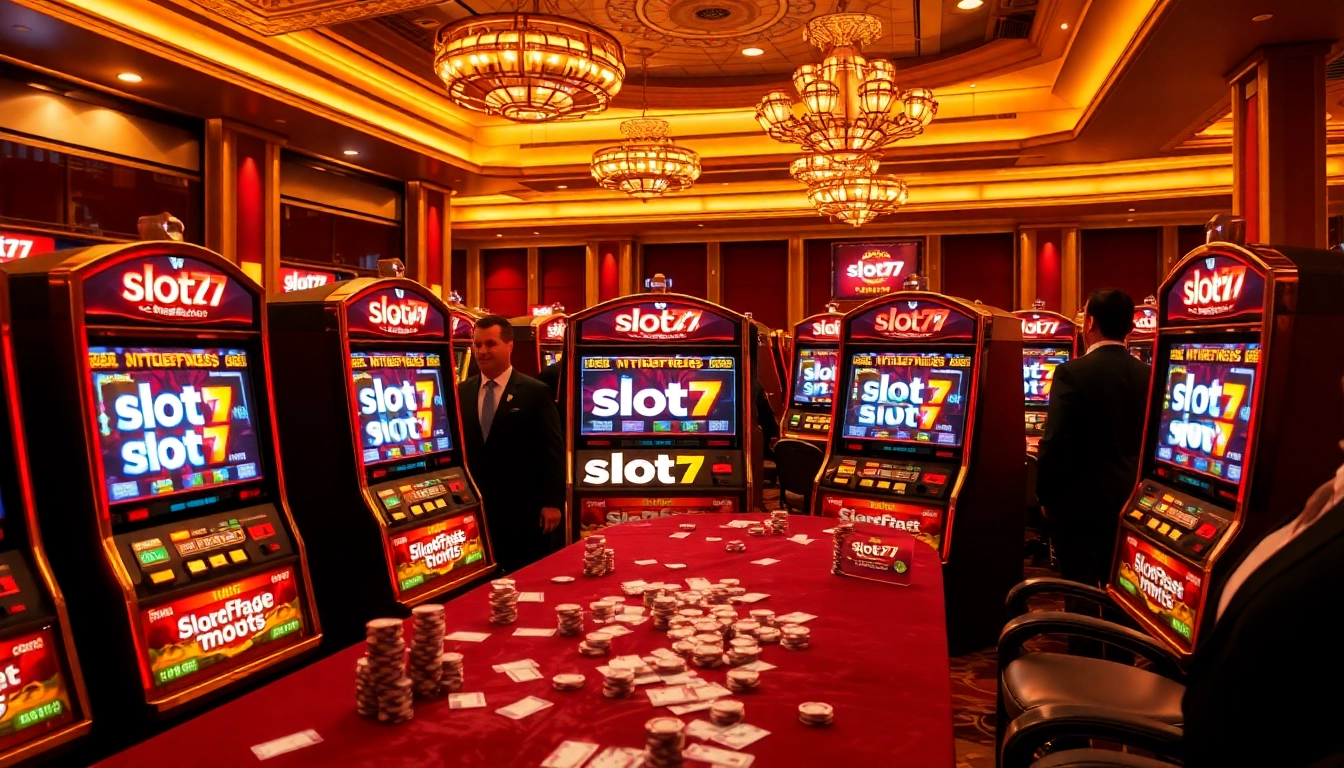 Players enjoying vibrant slot777 machines in a luxurious casino atmosphere.