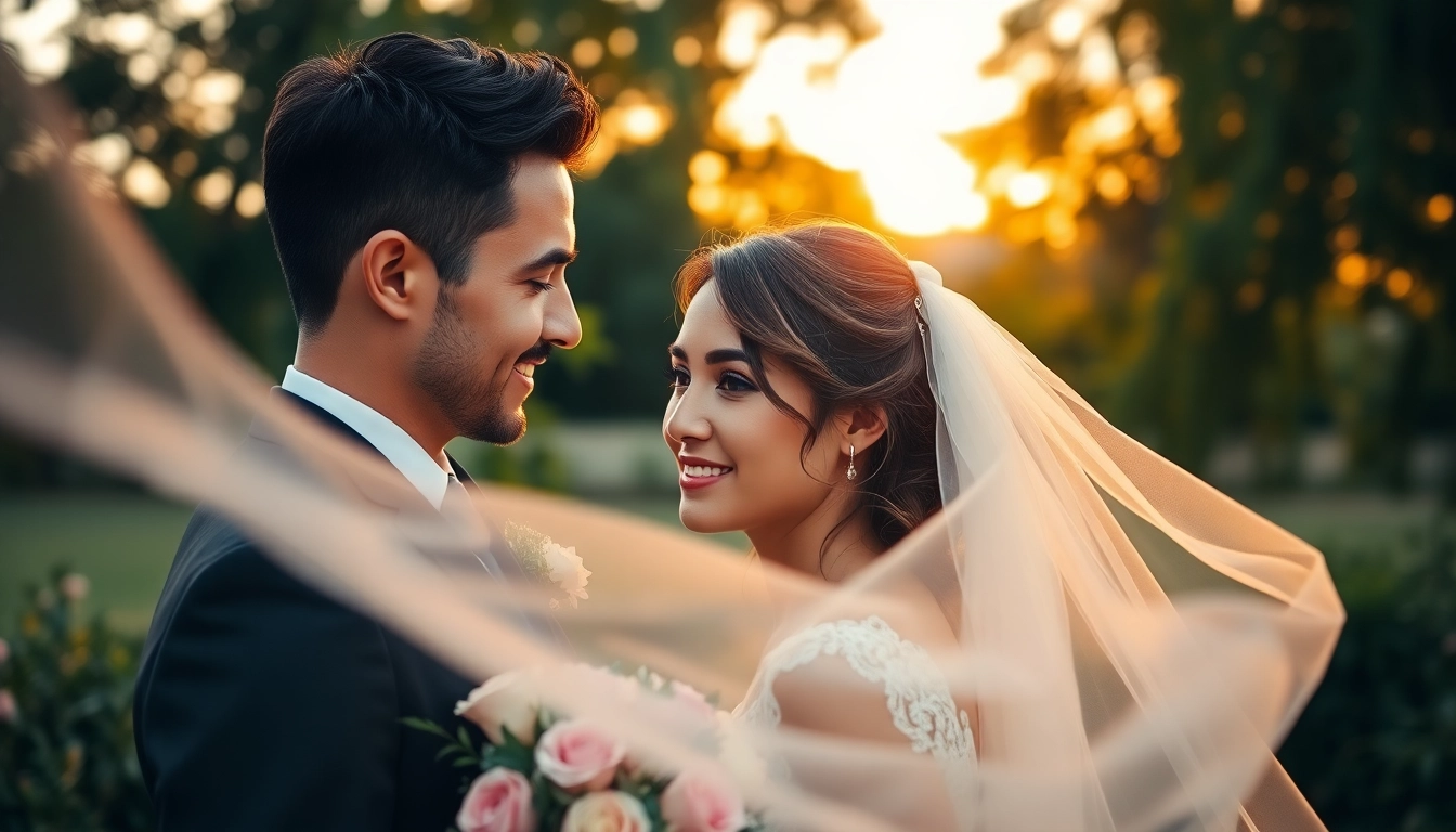 Wedding photographer capturing a couple's intimate moment during sunset in a romantic outdoor setting.