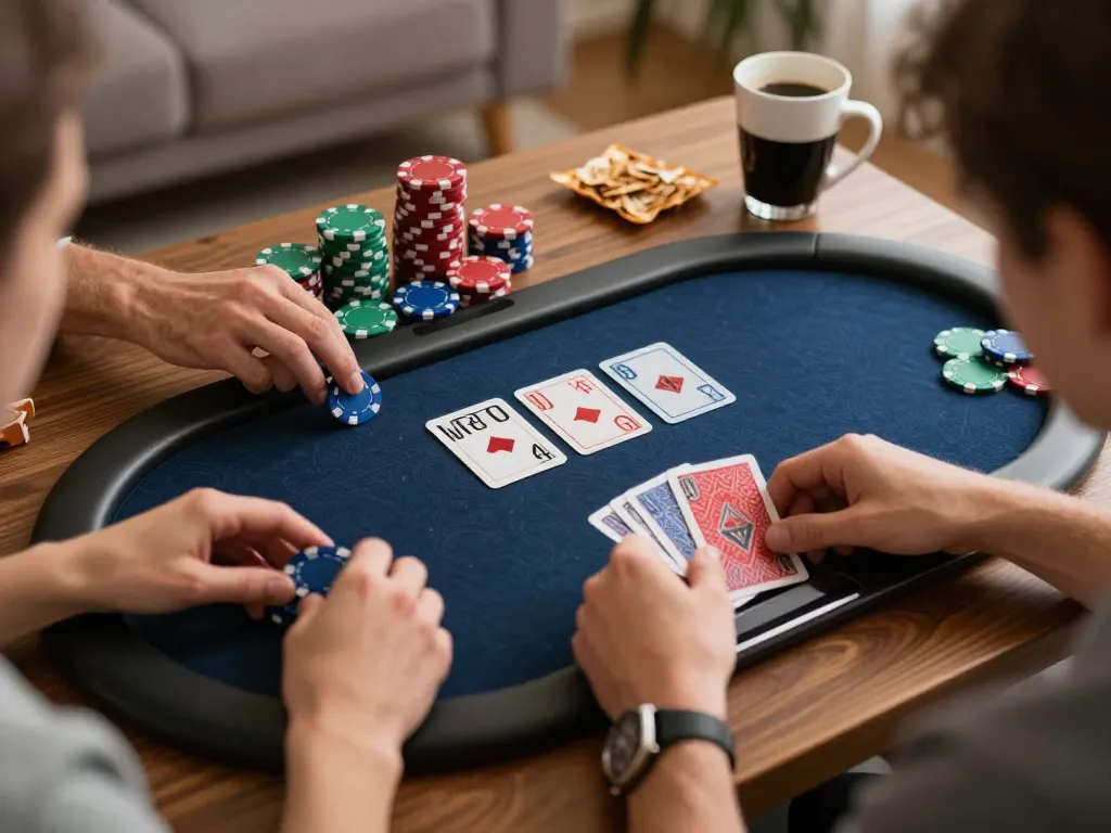 Engaging player placing bets on viral4d online poker game on tablet with organized chips and community cards