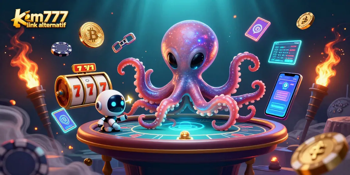Engage with km777 link alternatif in a vibrant 3D casino scene featuring an alien octopus and slot machines.