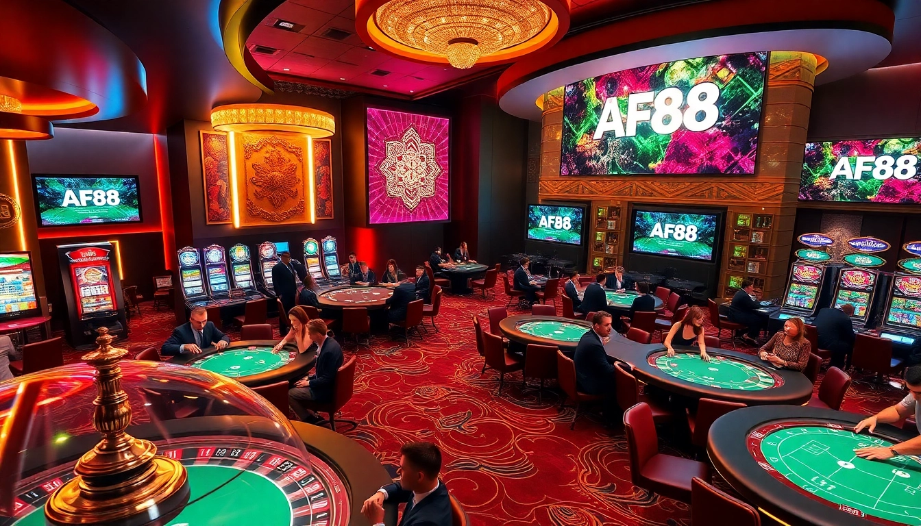 Players engaging in thrilling casino activities at AF88, with vibrant tables and slot machines.