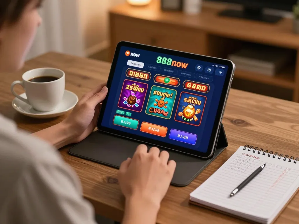 Engaging with the 888now com online casino on a tablet, showcasing cozy home gaming.
