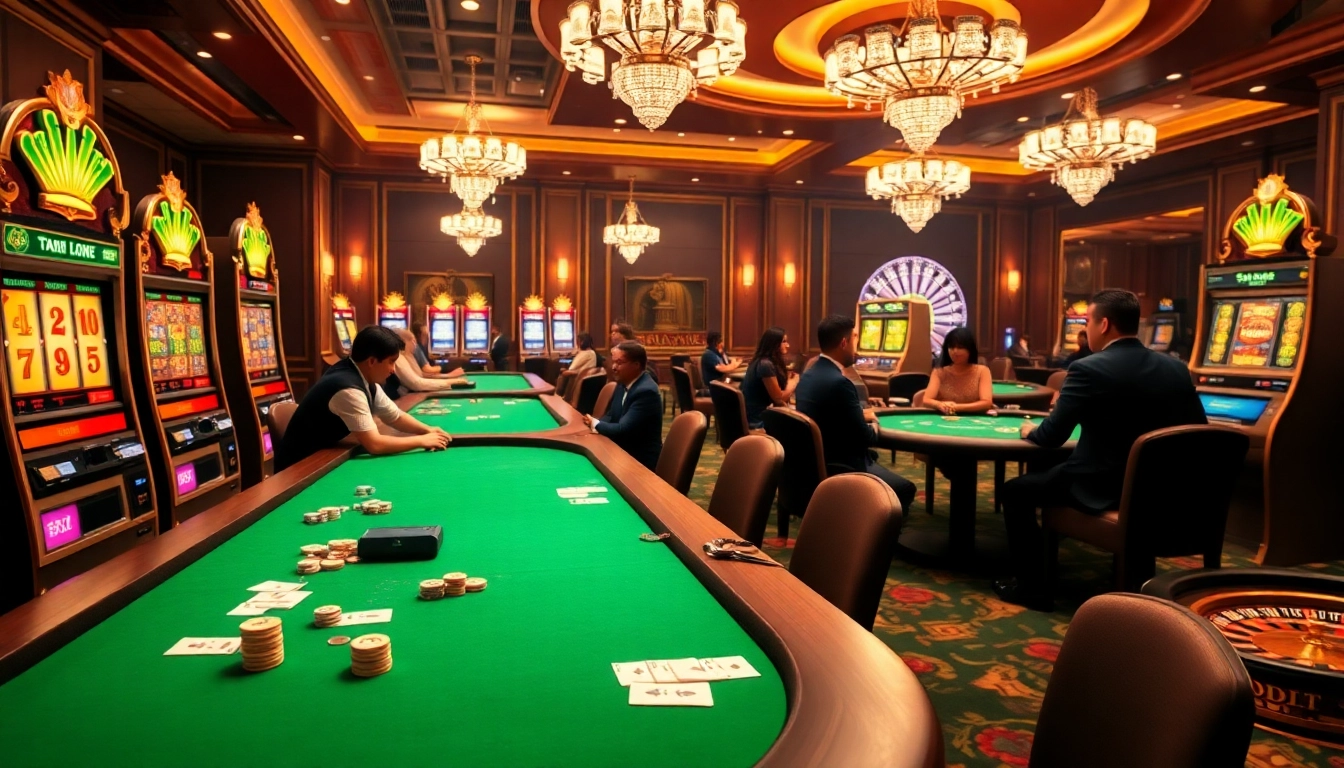 Suasana kasino yang menakjubkan dengan pemain di meja permainan dan mesin slot berwarna-warni, terinspirasi oleh aurendezvousdesamis.com.