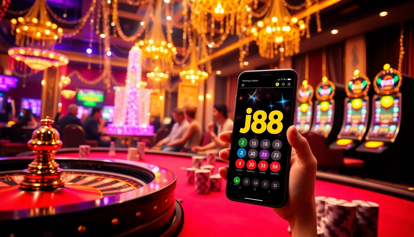 Players enjoying the j88 app in a glamorous casino setting with exciting gaming elements.