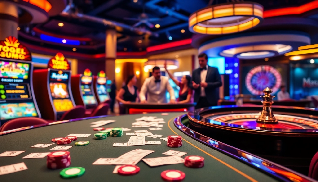 Meja bermain Togel Sumo dengan chip berwarna-warni dan mesin slot berwarna-warni dalam adegan kasino mewah.
