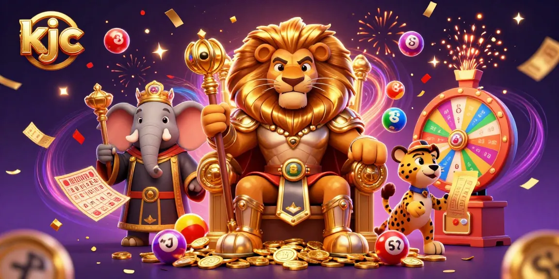 Engage in the thrilling world of KJC's online gaming with dynamic visuals of jubilant celebrations and lucky lottery elements.