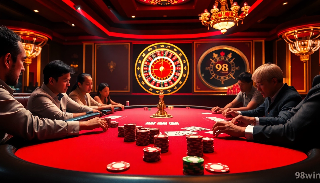 Join the excitement at 98win with thrilling poker gameplay featuring vibrant casino elements.