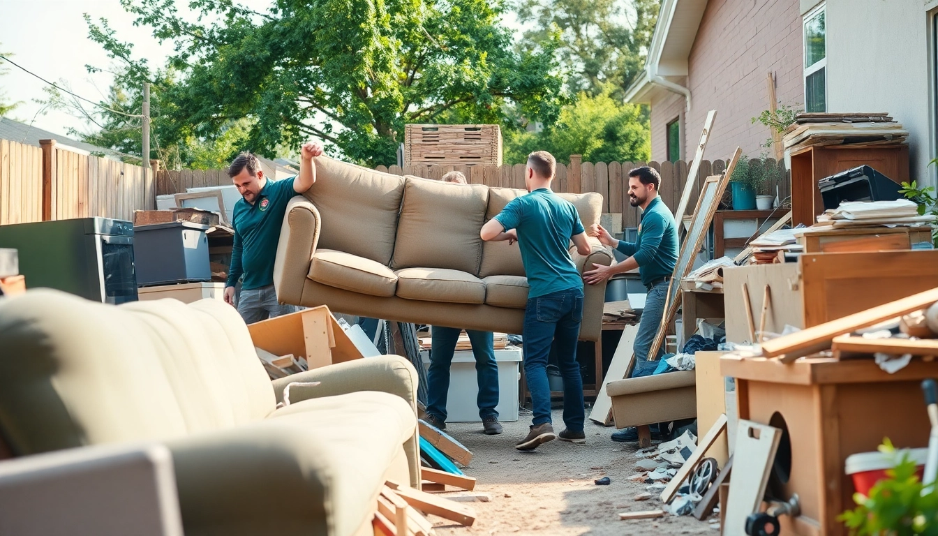 Efficient junk removal service clearing clutter from a backyard, showcasing professionalism and team effort.