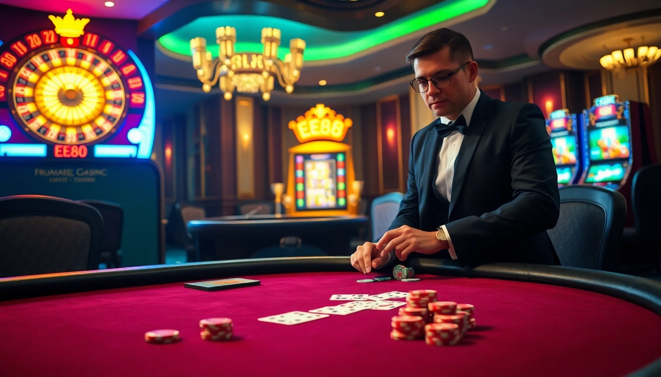 Experience thrilling gameplay at EE88 with stunning poker tables and vibrant slot machines.