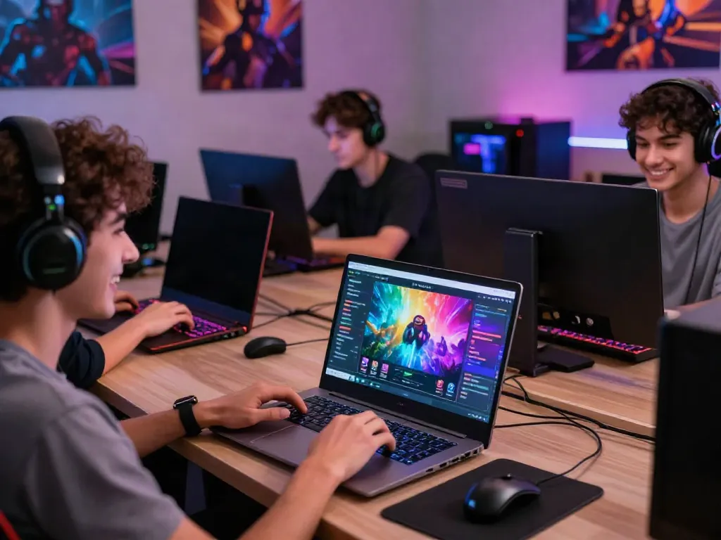 JPTOTO, suasana bermain game online yang penuh warna dengan pemain terlibat di berbagai permainan.