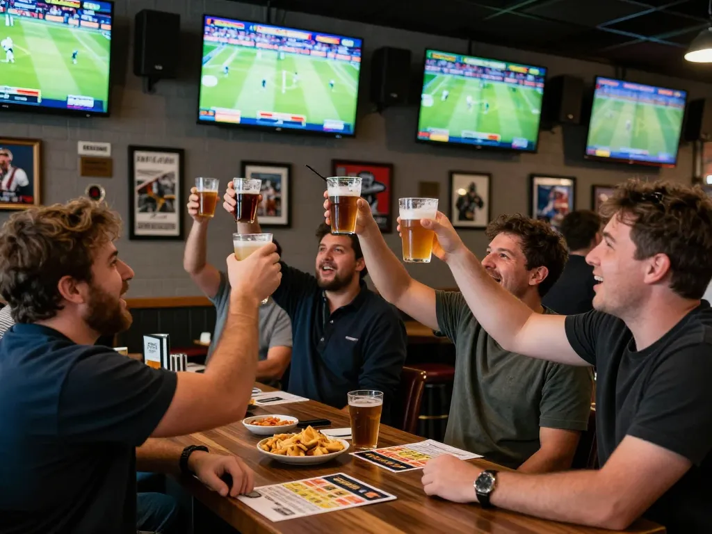 A lively sports betting scene at https://keotructuyen.com.mx/ showing patrons celebrating a winning bet with drinks raised.