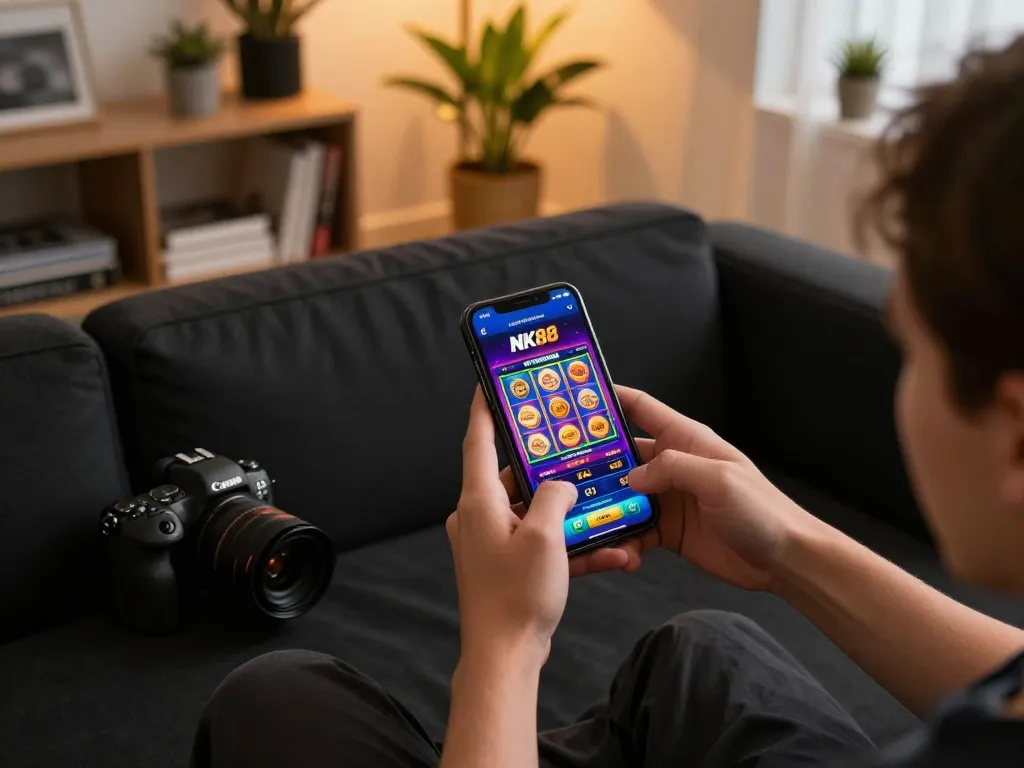 Player interacting with the NK88 casino app on a smartphone at home, emphasizing mobile gambling