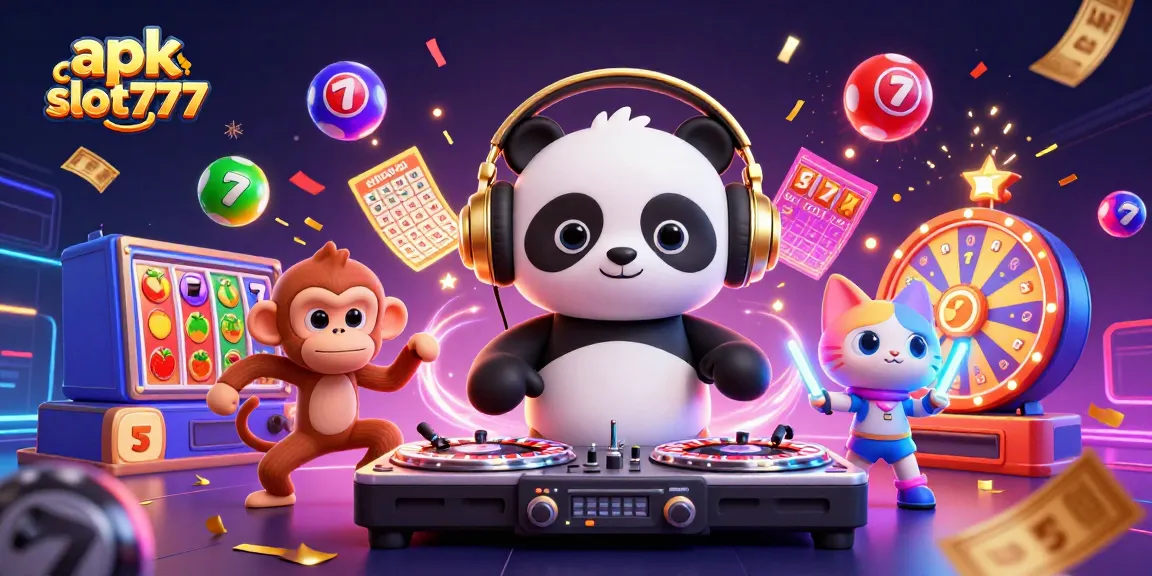 Engage in the exciting world of apk slot777 with vibrant casino elements and animated characters.