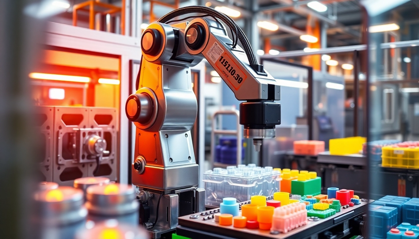 Injection Robot automating the injection molding process with vibrant plastic products.