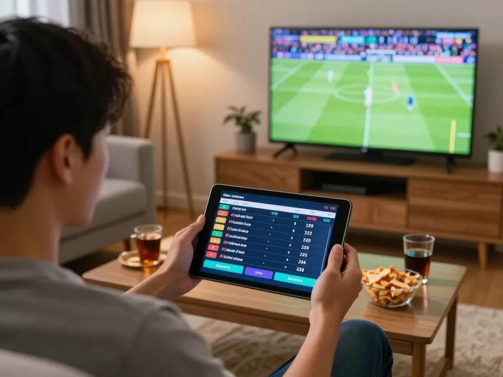 Kèo nhà cái enthusiast checking betting odds during thrilling football match at home