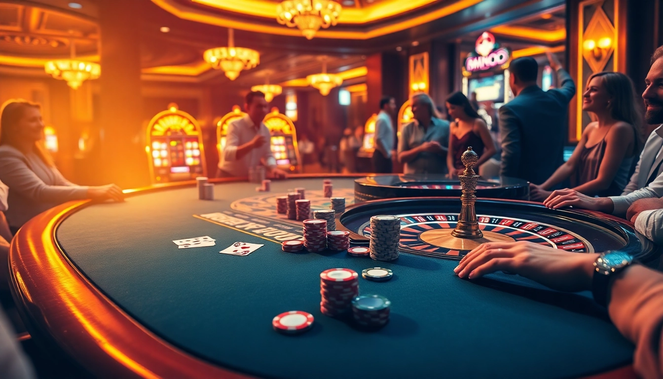 Engaged players at a luxurious casino poker table, showcasing MMOO gambling excitement.