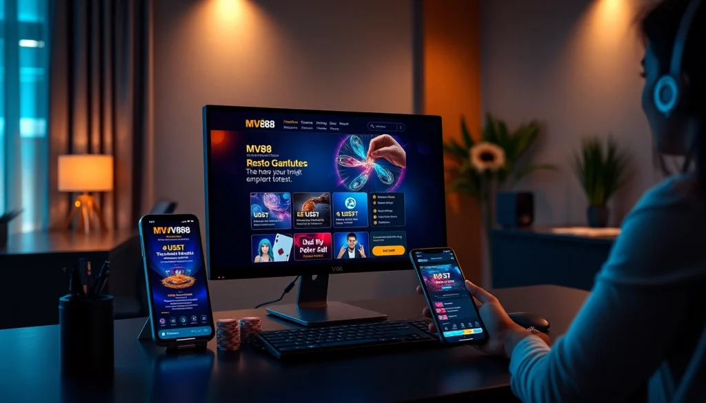 Engaging online gambling scene featuring MV88 platform on computer and mobile devices.