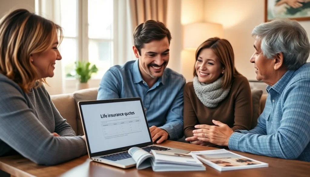 Explore life insurance options with a family in a cozy setting, showcasing thoughtful planning and security.