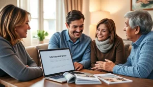 Explore life insurance options with a family in a cozy setting, showcasing thoughtful planning and security.