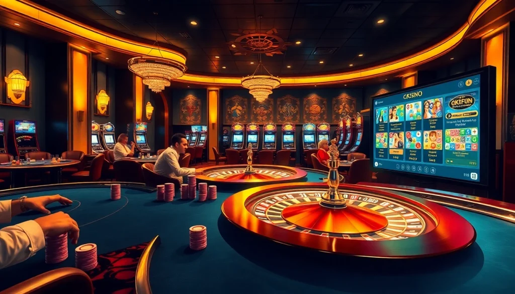 Experience the thrills of gambling at okfun com with a vibrant casino lounge filled with excitement and chance.