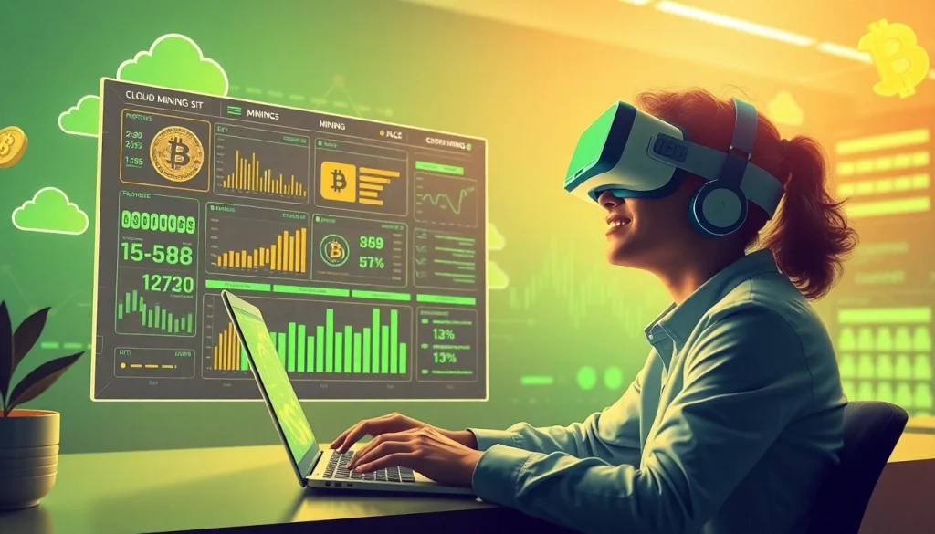 Engaging visual representation of dogecoin cloud mining with digital interfaces and vibrant data.