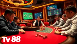 TV88 showcases players in an upscale casino setting, enjoying a thrilling poker game.