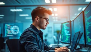 Engaging in T Automation & Scripting with modern technology in a high-tech office environment.