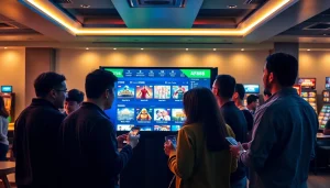 Engaged group exploring AF88's dynamic betting platform in a modern lounge.