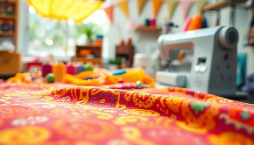 Wafel katoen stof met levendige kleuren en patronen in een creatieve omgeving.