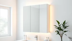 Spiegelschrank mit LED Beleuchtung im eleganten Badezimmer genießen.