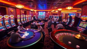 KJC AC 2 casino vibrant scene with blackjack tables and slot machines.