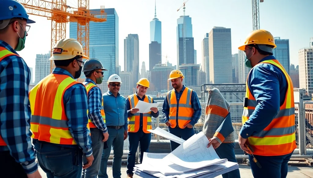 New York City General Contractor oversees an energetic construction site with diverse workers collaborating.