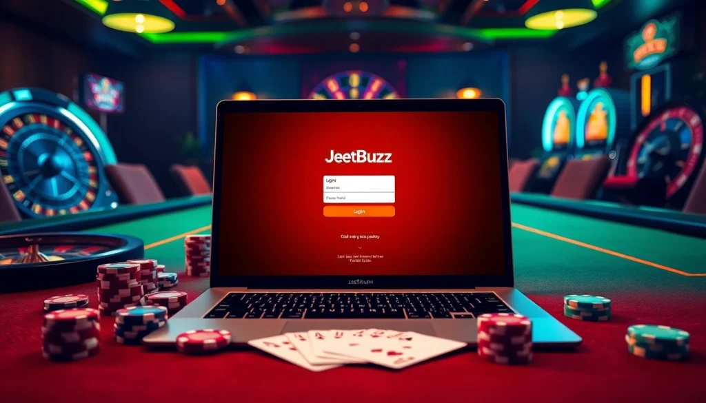 Access the Jeetbuzz লগইন page from a luxurious casino atmosphere filled with poker chips and cards.