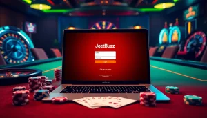 Access the Jeetbuzz লগইন page from a luxurious casino atmosphere filled with poker chips and cards.